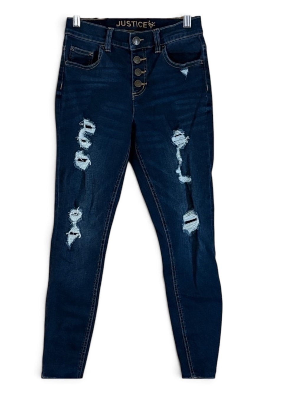 Justice Girl’s High Rise Dark Blue Destroyed Button-Snap Skinny Jeans